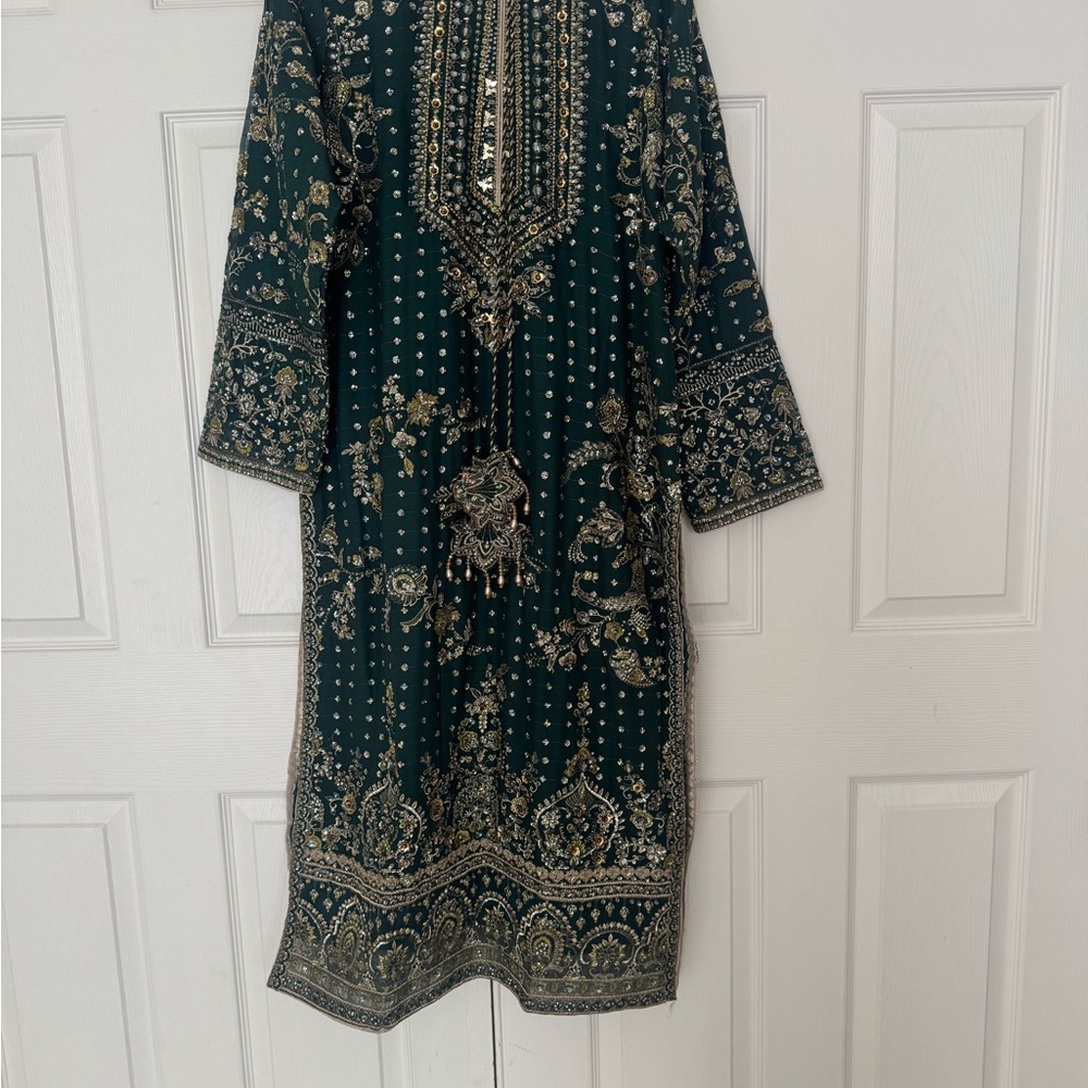 Intricate Dark Green Embroidered Long Sleeve Dress